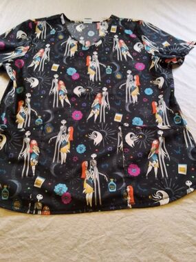 Black Patterned Short Sleeve Scrub with Colorful Character Print